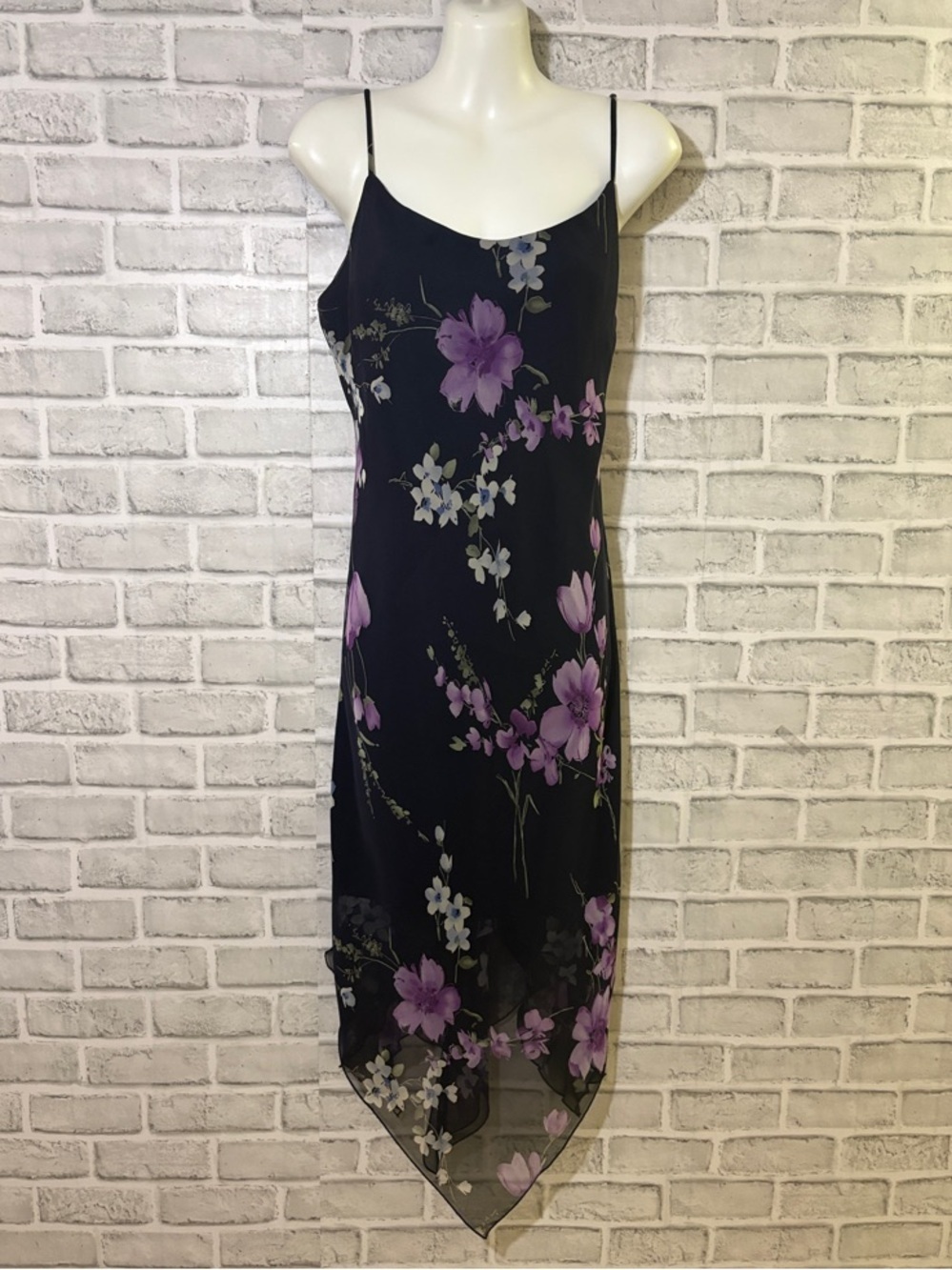Oblique petite Black Asymmetrical Slip Dress with Purple Floral Print, size 12